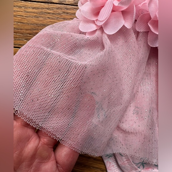 NWOT Pink Floral Baby Dress, Headband & Bib Set with tulle skirt size 0-3month - Picture 4 of 8